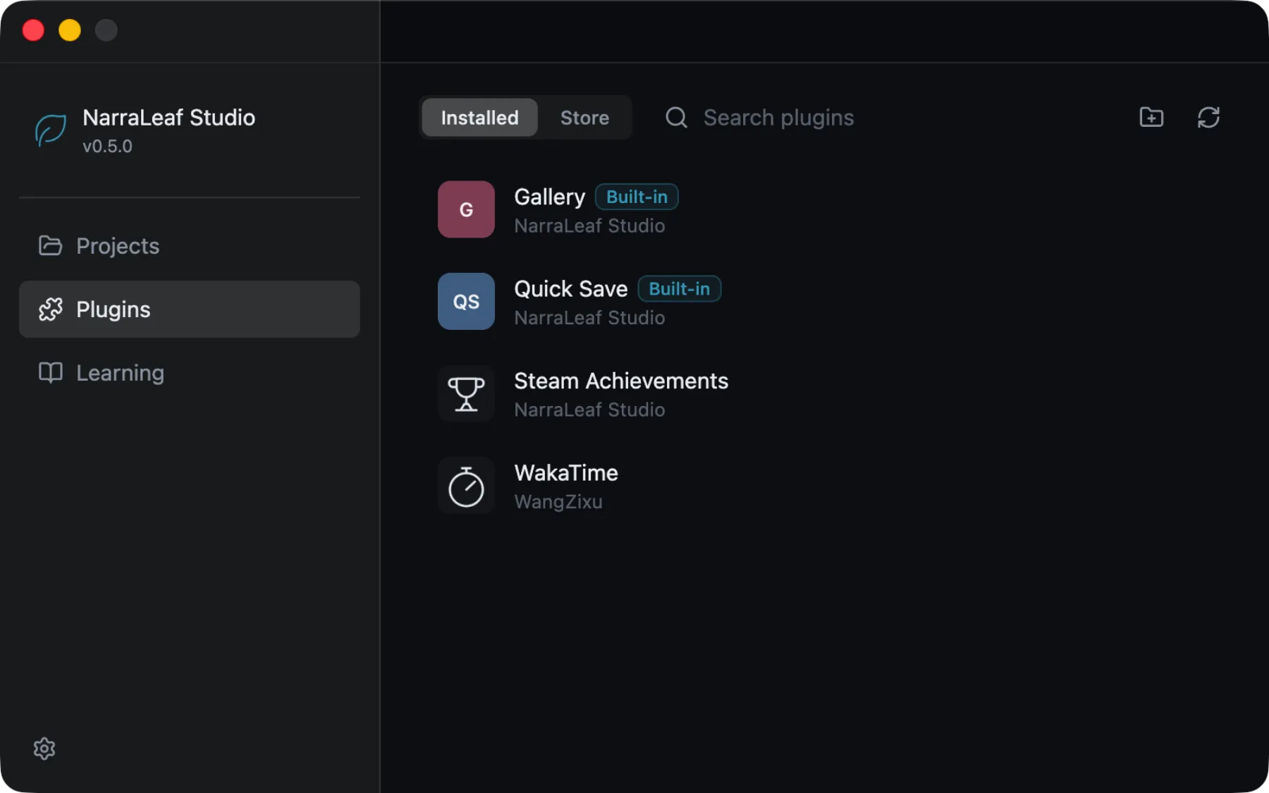 The launcher's Plugins page on the Installed list, with the built-in plugins marked